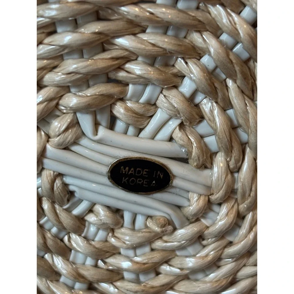 Vintage Woven Straw Ruffle Top Basket Bow Detail Boho Decor Made in Korea